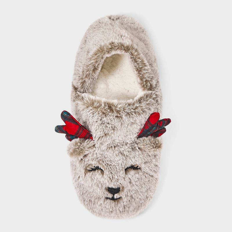 slide 3 of 4, Women's Reindeer with 3D Antlers Christmas Faux Fur Slipper Socks with Grippers - Wondershop™ Tan M/L, 1 ct