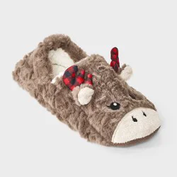 Women's Holiday Moose with 3D Antlers Christmas Faux Fur Slipper Socks with Grippers - Wondershop™ Brown S/M