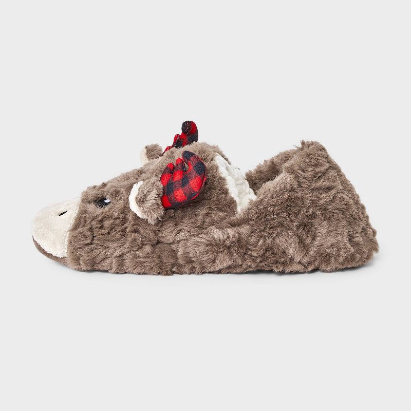 slide 2 of 4, Women's Holiday Moose with 3D Antlers Christmas Faux Fur Slipper Socks with Grippers - Wondershop™ Brown M/L, 1 ct