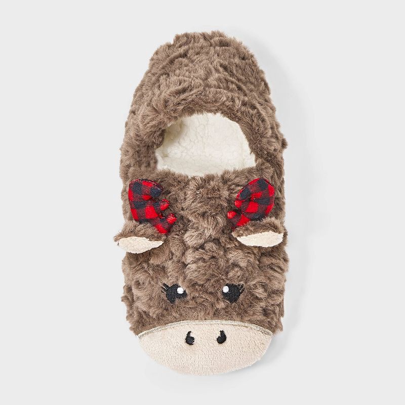 slide 3 of 4, Women's Holiday Moose with 3D Antlers Christmas Faux Fur Slipper Socks with Grippers - Wondershop™ Brown M/L, 1 ct