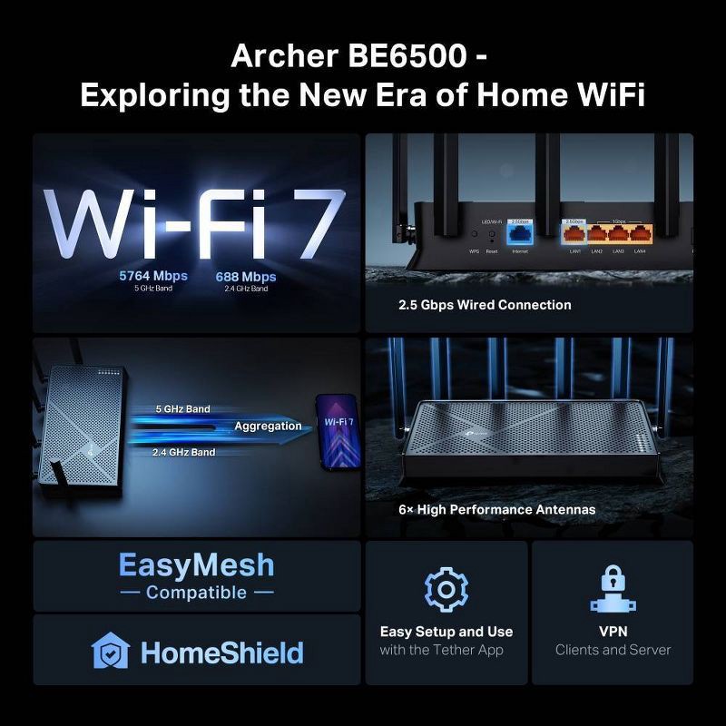 slide 3 of 11, TP-Link Archer BE6500 Dual-Band Mesh Wi-Fi 7 Router: Gigabit Ethernet, WPA3 Security, 1 ct