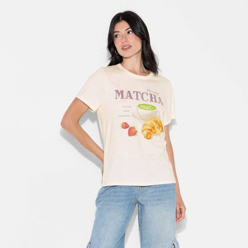 Zoe+Liv Women's Morning Matcha Short Sleeve Graphic T-Shirt - Off