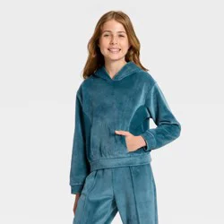 Girls' Cozy Ribbed Hoodie - All In Motion™ Dark Teal Blue M