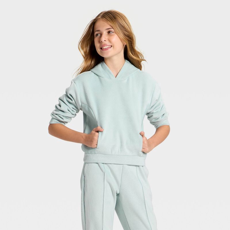 slide 1 of 3, Girls' Cozy Ribbed Hoodie - All In Motion™ Light Mint Green XS, 1 ct
