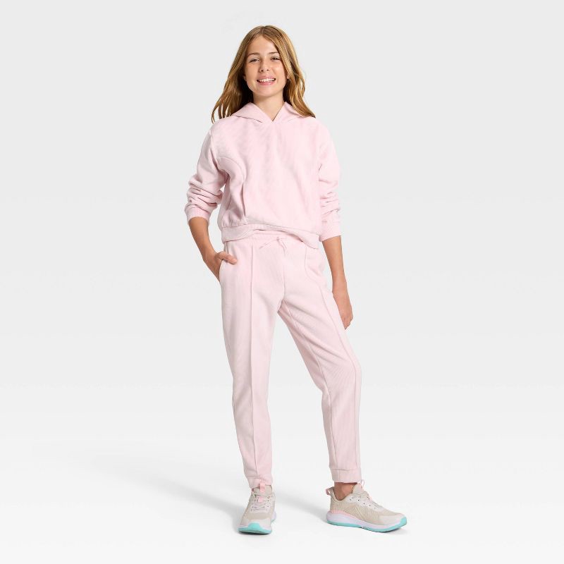 slide 3 of 3, Girls' Cozy Ribbed Jogger Pants - All In Motion™ Light Pink XS, 1 ct