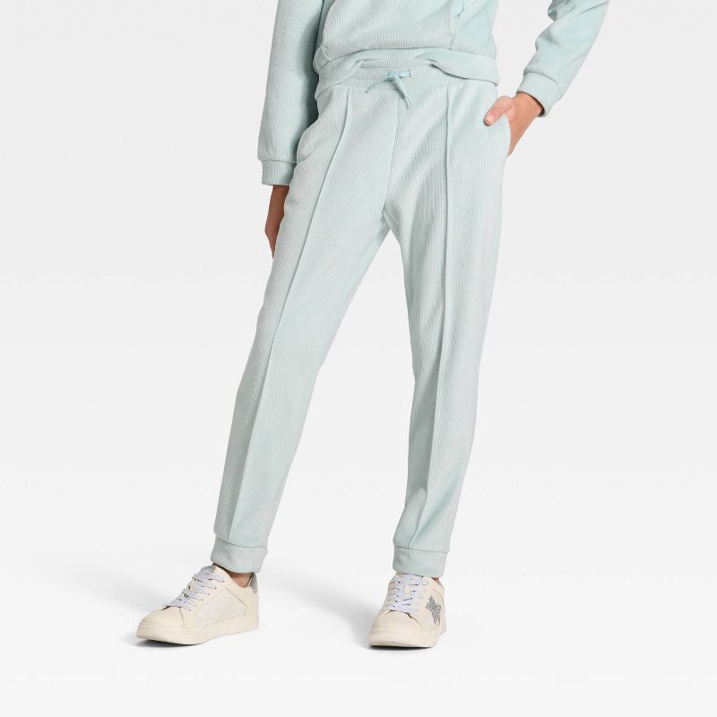 slide 1 of 3, Girls' Cozy Ribbed Jogger Pants - All In Motion™ Light Mint Green M, 1 ct