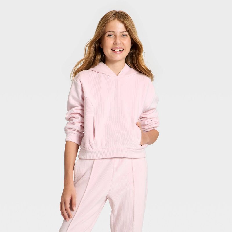 slide 1 of 3, Girls' Cozy Ribbed Hoodie - All In Motion™ Light Pink L, 1 ct