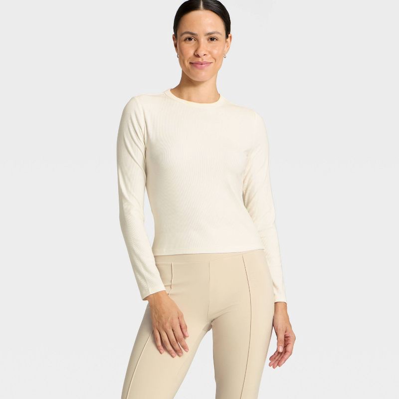 slide 3 of 5, Women's Modal Ribbed Long Sleeve Top - All In Motion™ Cream M, 1 ct