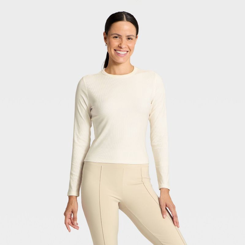 slide 1 of 5, Women's Modal Ribbed Long Sleeve Top - All In Motion™ Cream L, 1 ct