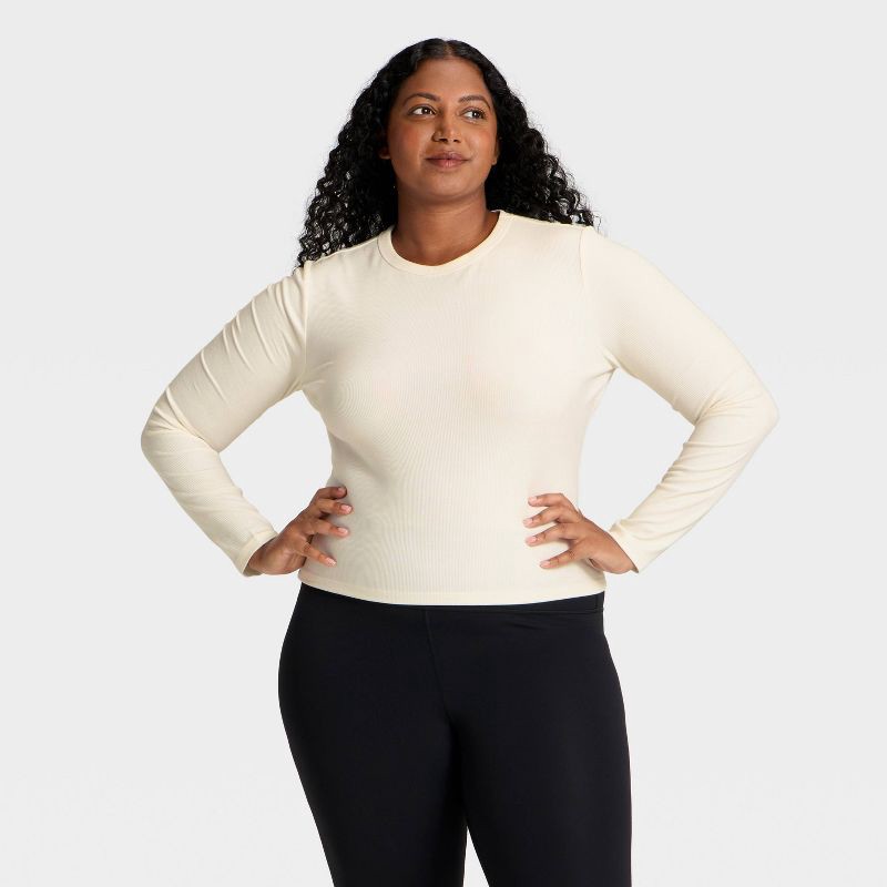 slide 4 of 5, Women's Modal Ribbed Long Sleeve Top - All In Motion™ Cream L, 1 ct