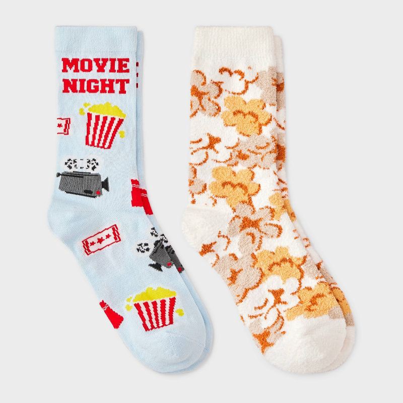 slide 2 of 4, Women's Popcorn Christmas 2pk Cozy Crew Socks - Ivory/Yellow/Blue 4-10, 2 ct
