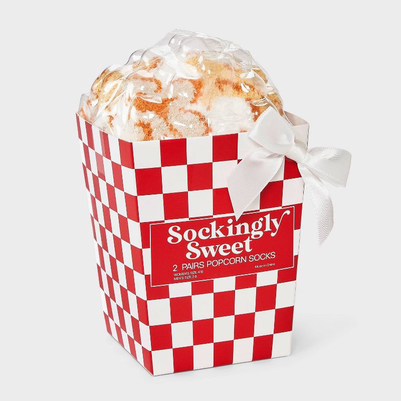 slide 1 of 4, Women's Popcorn Christmas 2pk Cozy Crew Socks - Ivory/Yellow/Blue 4-10, 2 ct