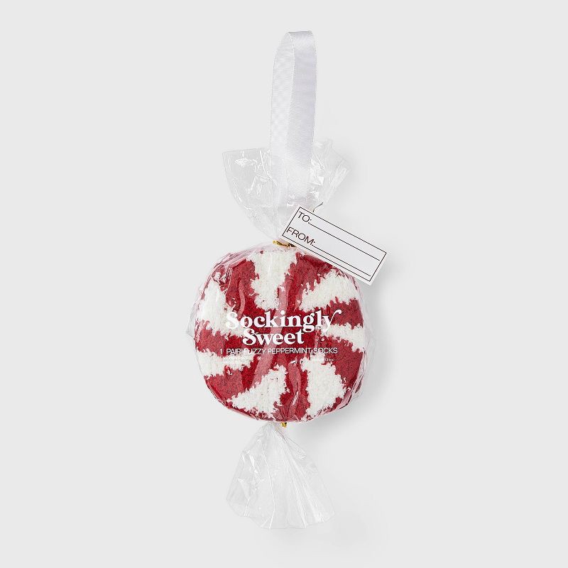 slide 1 of 3, Women's Peppermint Christmas Cozy Crew Socks - Red/White 4-10, 1 ct