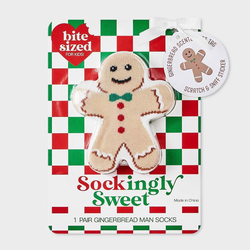 slide 1 of 3, Kid's Gingerbread Man Christmas Crew Socks - Ivory/Red/Tan 2-5, 1 ct