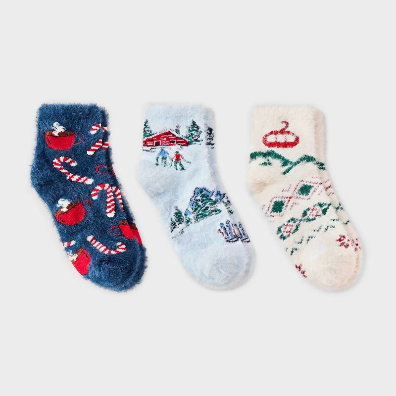 slide 2 of 4, Women's Ski Scene & Fair Isle Christmas 3pk Cozy Crew Socks - Light Blue/Ivory/Navy 4-10, 3 ct