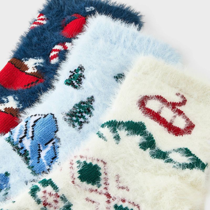 slide 3 of 4, Women's Ski Scene & Fair Isle Christmas 3pk Cozy Crew Socks - Light Blue/Ivory/Navy 4-10, 3 ct