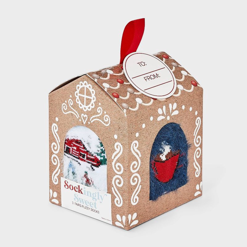 slide 1 of 4, Women's Ski Scene & Fair Isle Christmas 3pk Cozy Crew Socks - Light Blue/Ivory/Navy 4-10, 3 ct