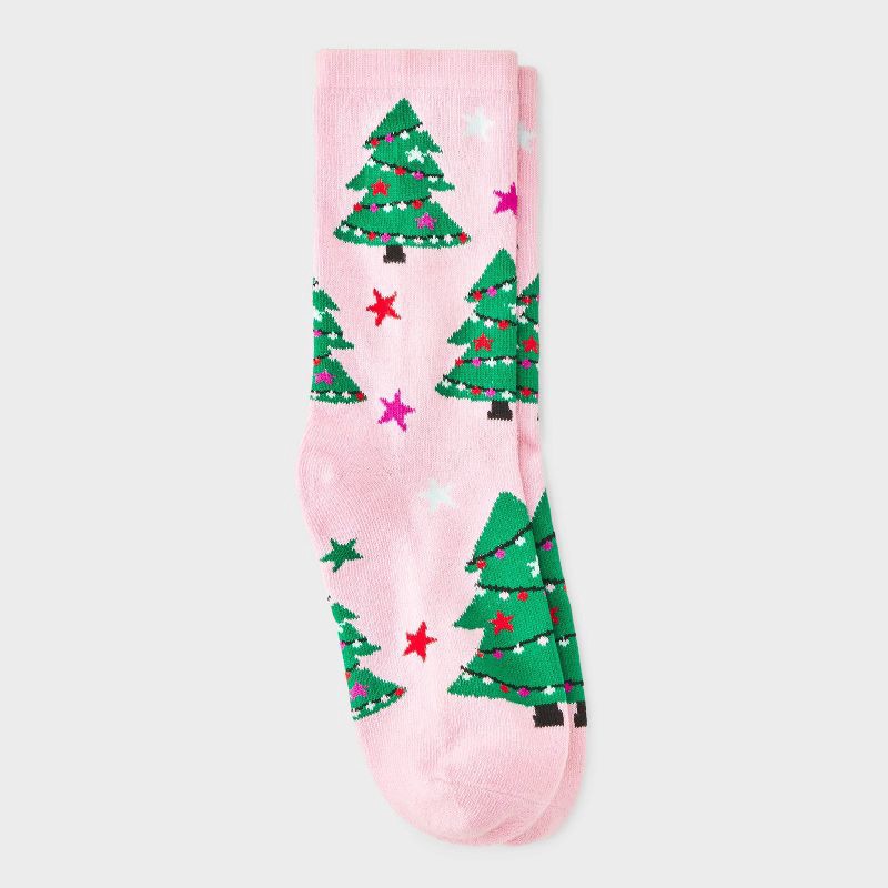 slide 2 of 3, Kid's Christmas Tree Crew Socks - Pink/Green 2-5, 1 ct