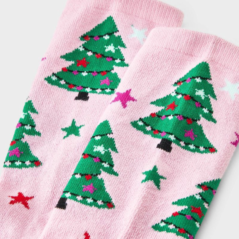 slide 3 of 3, Kid's Christmas Tree Crew Socks - Pink/Green 2-5, 1 ct