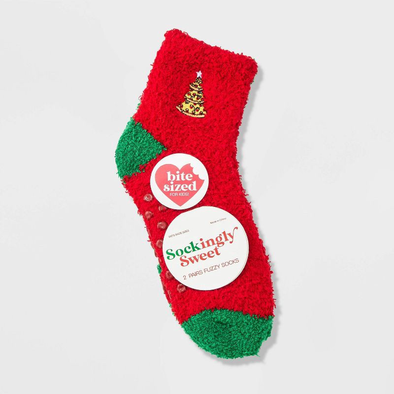 slide 2 of 3, Kid's Embroidered Pizza Christmas Tree 2pk Cozy Ankle Socks with Grippers - Red/Green/Ivory 2-5, 2 ct