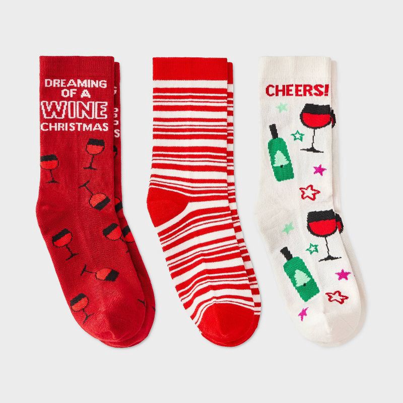 slide 2 of 4, Women's Wine Christmas 3pk Crew Socks - Red/Green/Ivory 4-10, 3 ct