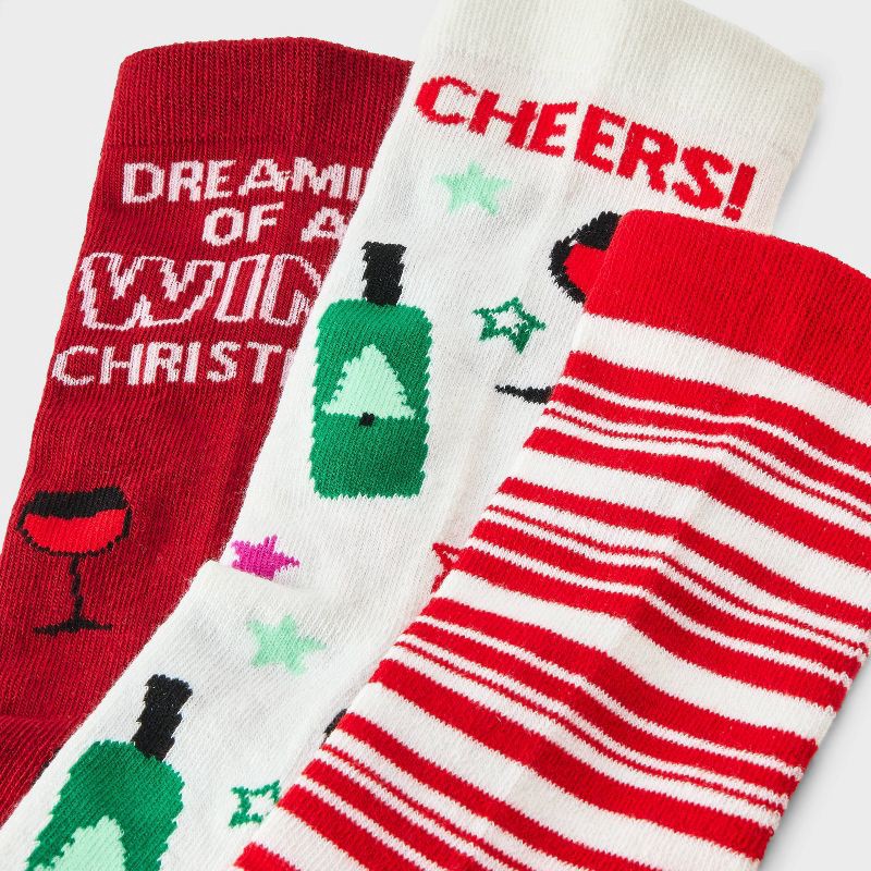 slide 3 of 4, Women's Wine Christmas 3pk Crew Socks - Red/Green/Ivory 4-10, 3 ct