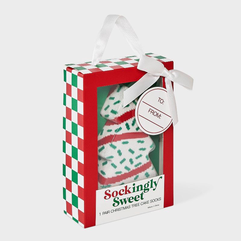 slide 1 of 4, Women's Christmas Tree Cake Crew Socks - White/Red/Green 4-10, 1 ct