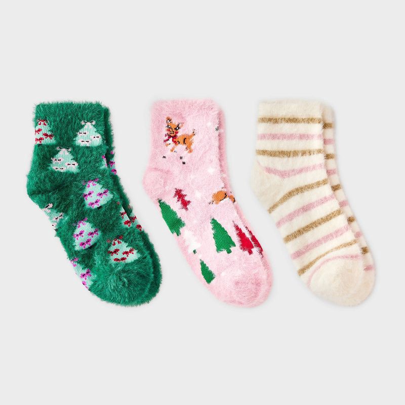 slide 2 of 4, Women's Reindeer & Christmas Trees 3pk Cozy Crew Socks - Pink/Ivory/Green 4-10, 3 ct
