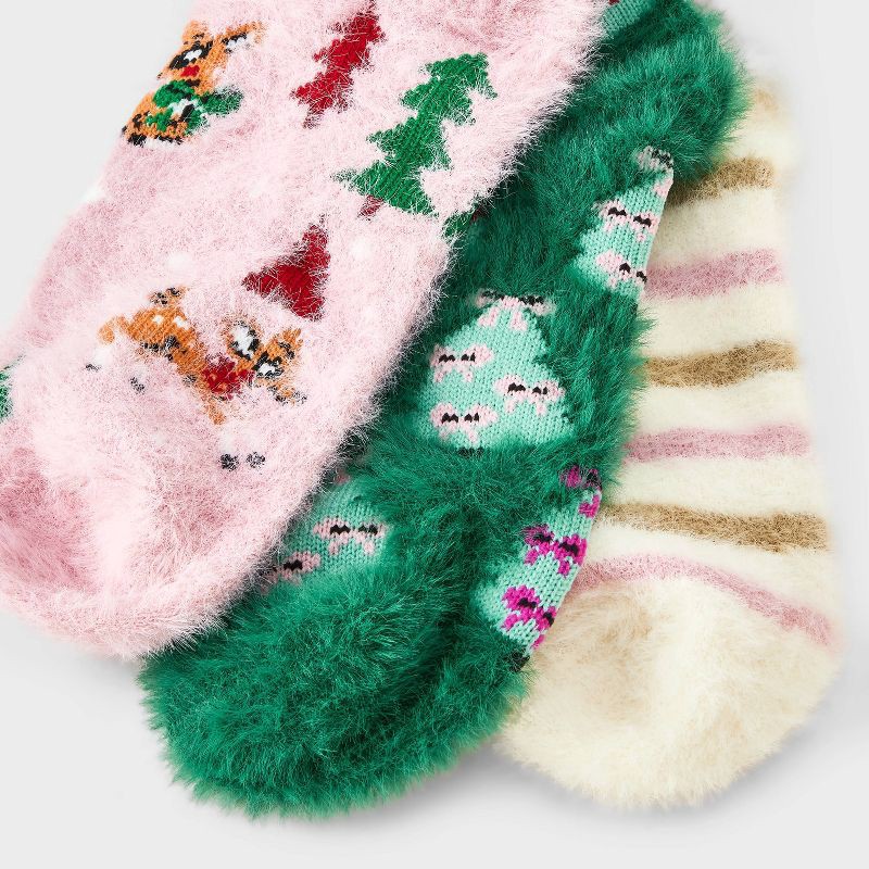 slide 3 of 4, Women's Reindeer & Christmas Trees 3pk Cozy Crew Socks - Pink/Ivory/Green 4-10, 3 ct