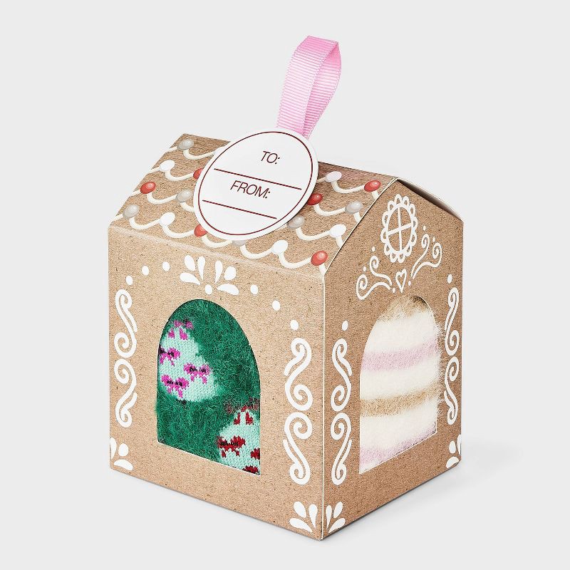 slide 4 of 4, Women's Reindeer & Christmas Trees 3pk Cozy Crew Socks - Pink/Ivory/Green 4-10, 3 ct