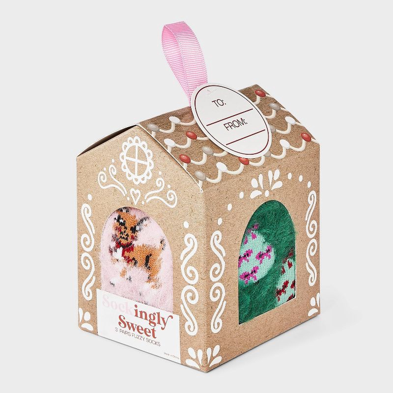 slide 1 of 4, Women's Reindeer & Christmas Trees 3pk Cozy Crew Socks - Pink/Ivory/Green 4-10, 3 ct