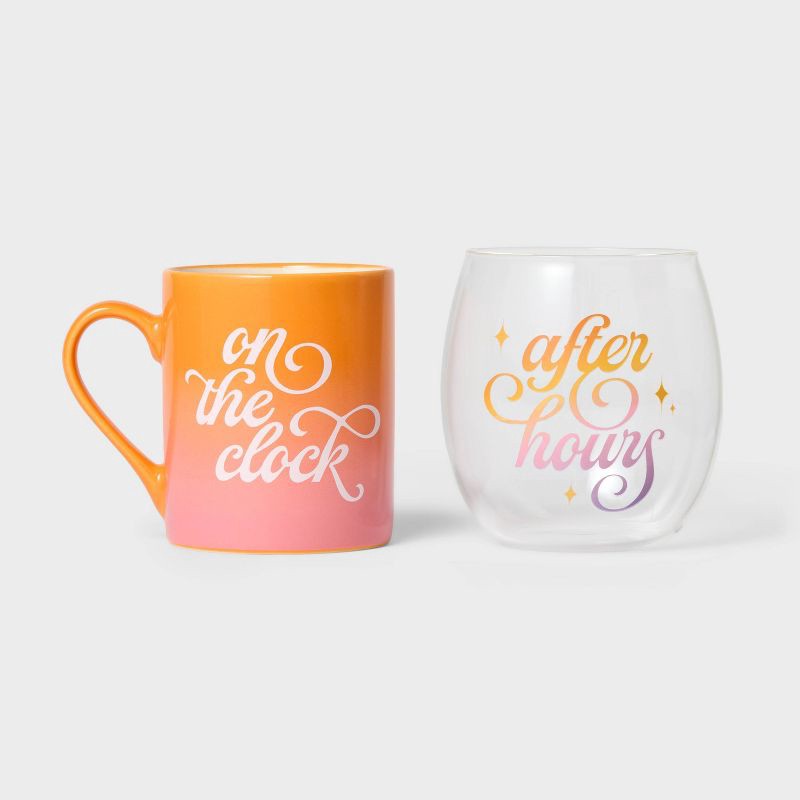 slide 3 of 3, Be Rooted 2pk 18 fl oz 'On the Clock' Mug and 12 fl oz 'After Hours' Wine Set, 2 ct, 18 fl oz, 12 fl oz