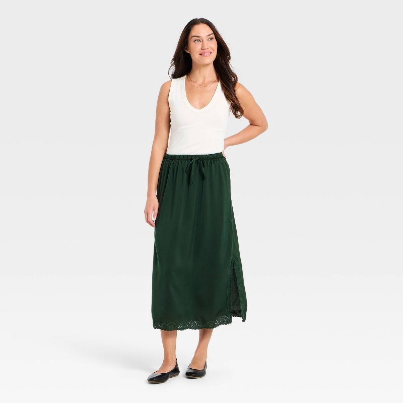slide 3 of 3, Women's Cutwork Midi A-Line Skirt - Universal Thread™ Dark Green M, 1 ct
