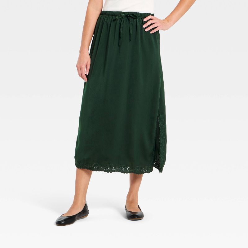 slide 1 of 3, Women's Cutwork Midi A-Line Skirt - Universal Thread™ Dark Green XL, 1 ct