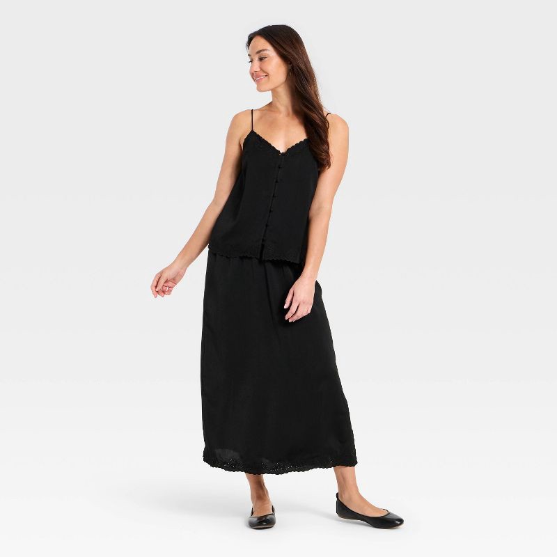 slide 3 of 3, Women's Cutwork Midi A-Line Skirt - Universal Thread™ Black L, 1 ct