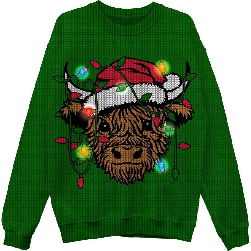 slide 1 of 3, FRZ Men's Highland Cow Light Up Sweater - Green XXL, 1 ct