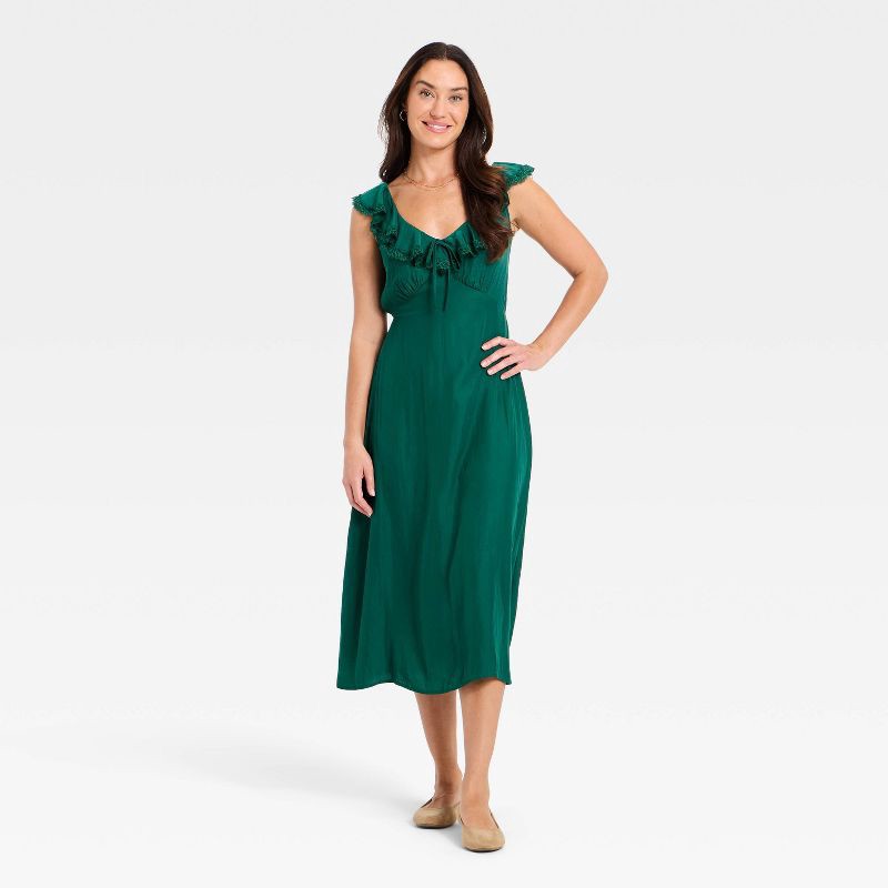 slide 2 of 3, Women's Ruffle Lace Midi A-Line Dress - Universal Thread™ Dark Green S, 1 ct