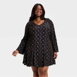 Women's Bell Long Sleeve Godet Mini A-Line Dress - Universal Thread™ Navy Blue Floral XXL