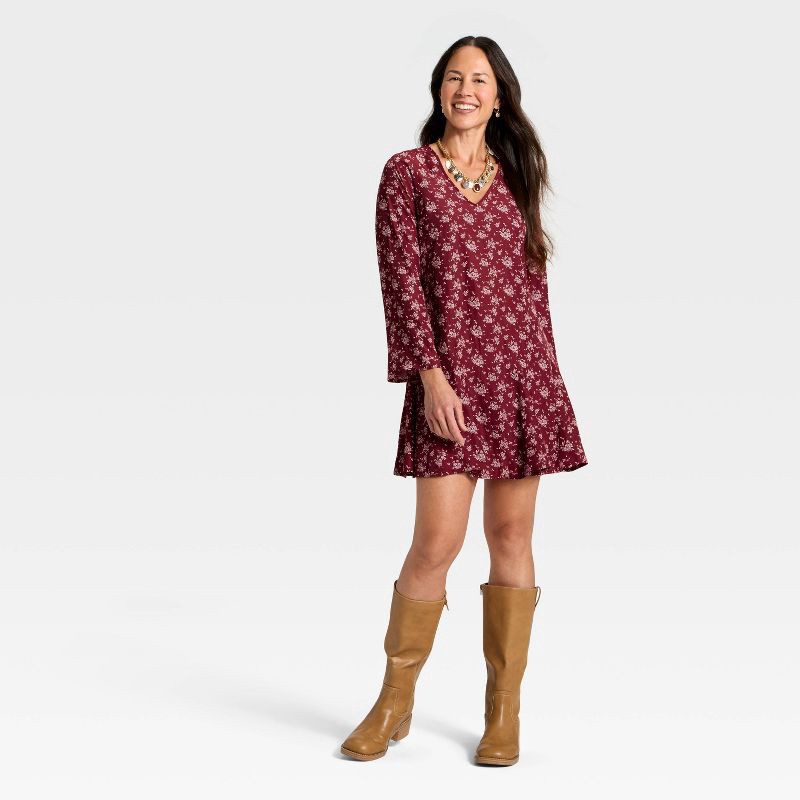 slide 3 of 3, Women's Bell Long Sleeve Godet Mini A-Line Dress - Universal Thread™ Burgundy Floral S, 1 ct