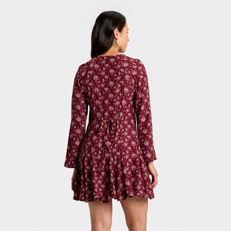 slide 2 of 3, Women's Bell Long Sleeve Godet Mini A-Line Dress - Universal Thread™ Burgundy Floral XL, 1 ct
