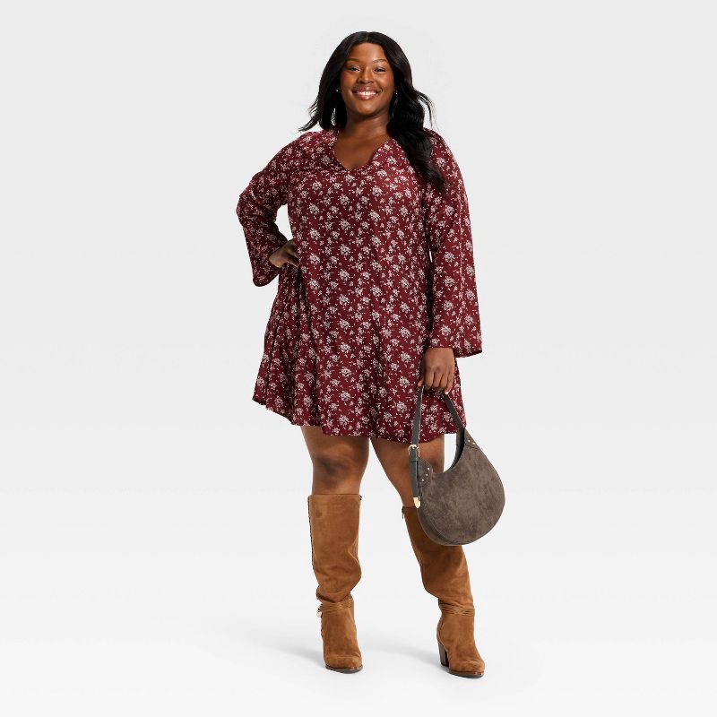 slide 3 of 3, Women's Bell Long Sleeve Godet Mini A-Line Dress - Universal Thread™ Burgundy Floral XXL, 1 ct