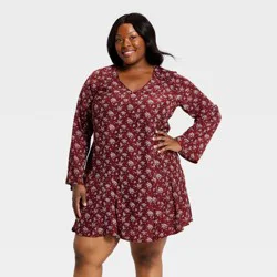 Women's Bell Long Sleeve Godet Mini A-Line Dress - Universal Thread™ Burgundy Floral XXL