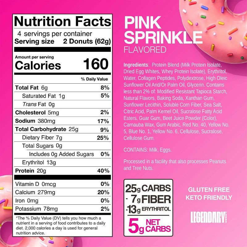 slide 5 of 5, Legendary Foods Gluten Free and Keto Friendly Protein Donuts - Pink Sprinkle - 20g Protein - 8.7oz/4ct, 20 gram, 8.7 oz, 4 ct