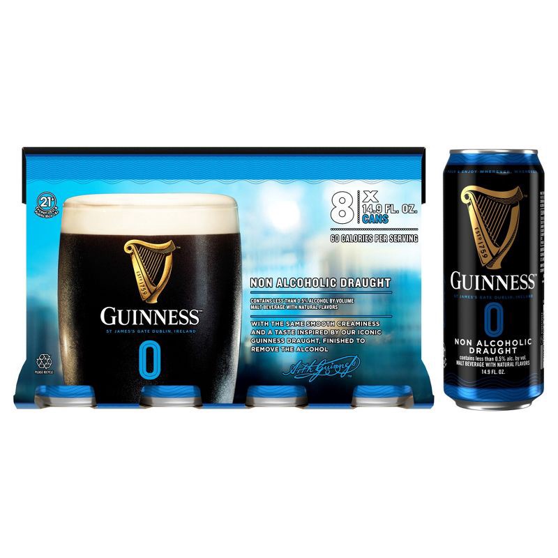 slide 1 of 7, Guinness 0 Draught Non-Alcoholic Import Beer - 8pk/14.9 fl oz Cans, 8 ct, 14.9 fl oz