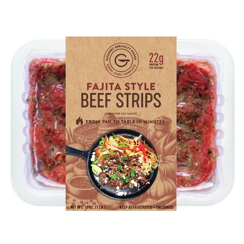 slide 1 of 2, Gourmet Specialty Foods Fajita Style Beef Strips Marinated Boneless - 1lb, 1 lb