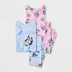 Toddler Girls' 4pc Snug Fit Bluey Cotton Pajama Set - Blue/Pink 5T