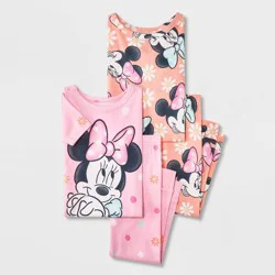 Mickey Mouse & Friends Toddler Girls' 4pc Snug Fit Disney Minnie Mouse Cotton Pajama Set - Pink/Orange 3T