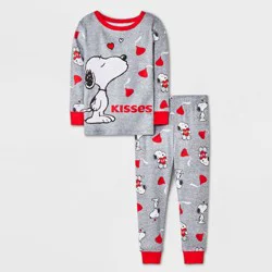 Toddler Valentine's Day 2pc Snug Fit Snoopy/Hersey Kisses Peanuts Cotton Valentine Pajama Set - Gray 12M