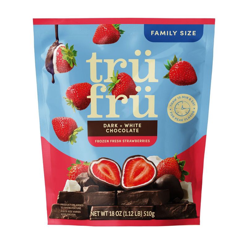 slide 2 of 6, Tru Fru Frozen Fresh Strawberries in Dark and White Chocolate - 18oz, 18 oz