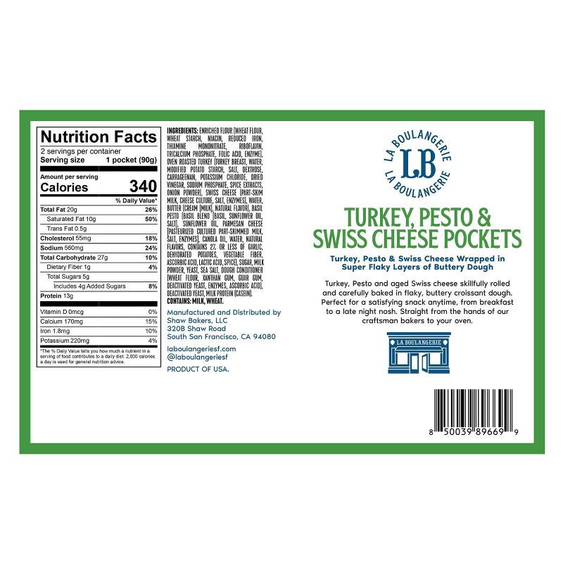 slide 2 of 3, La Boulangerie Frozen Turkey Pesto & Swiss Cheese Pockets - 90g/2ct, 90 gram, 2 ct